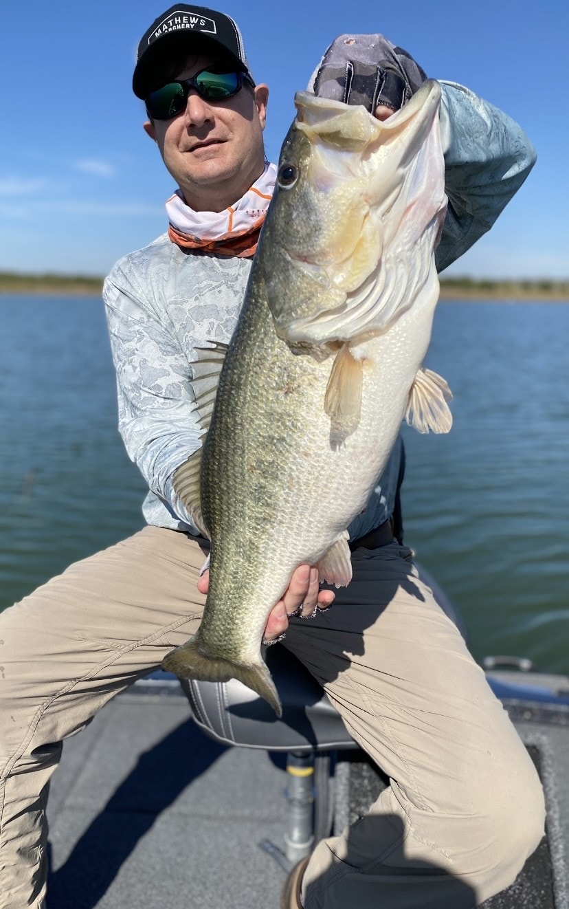 Man in Mathews Archery cap holding massive bass on sunny day on Lake Falcon