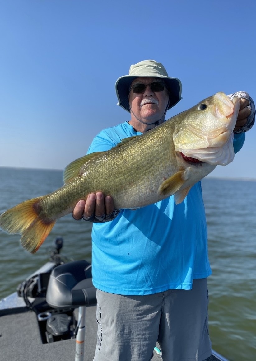 Older man in sun hat and teal shirt holding massive bass on sunny day