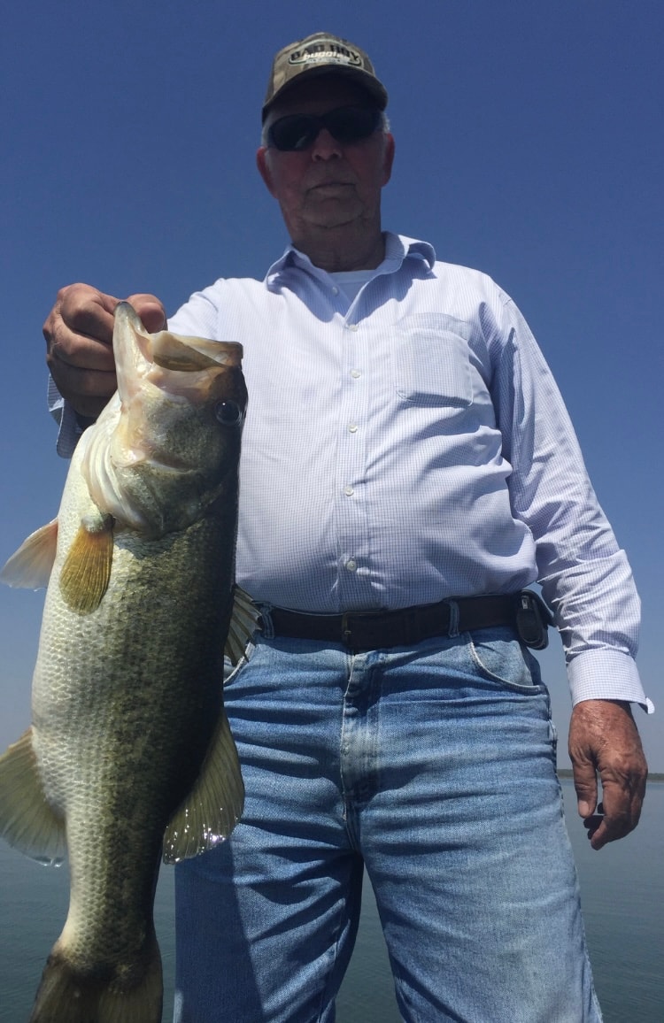 Older man in white shirt holding large bass on sunny day