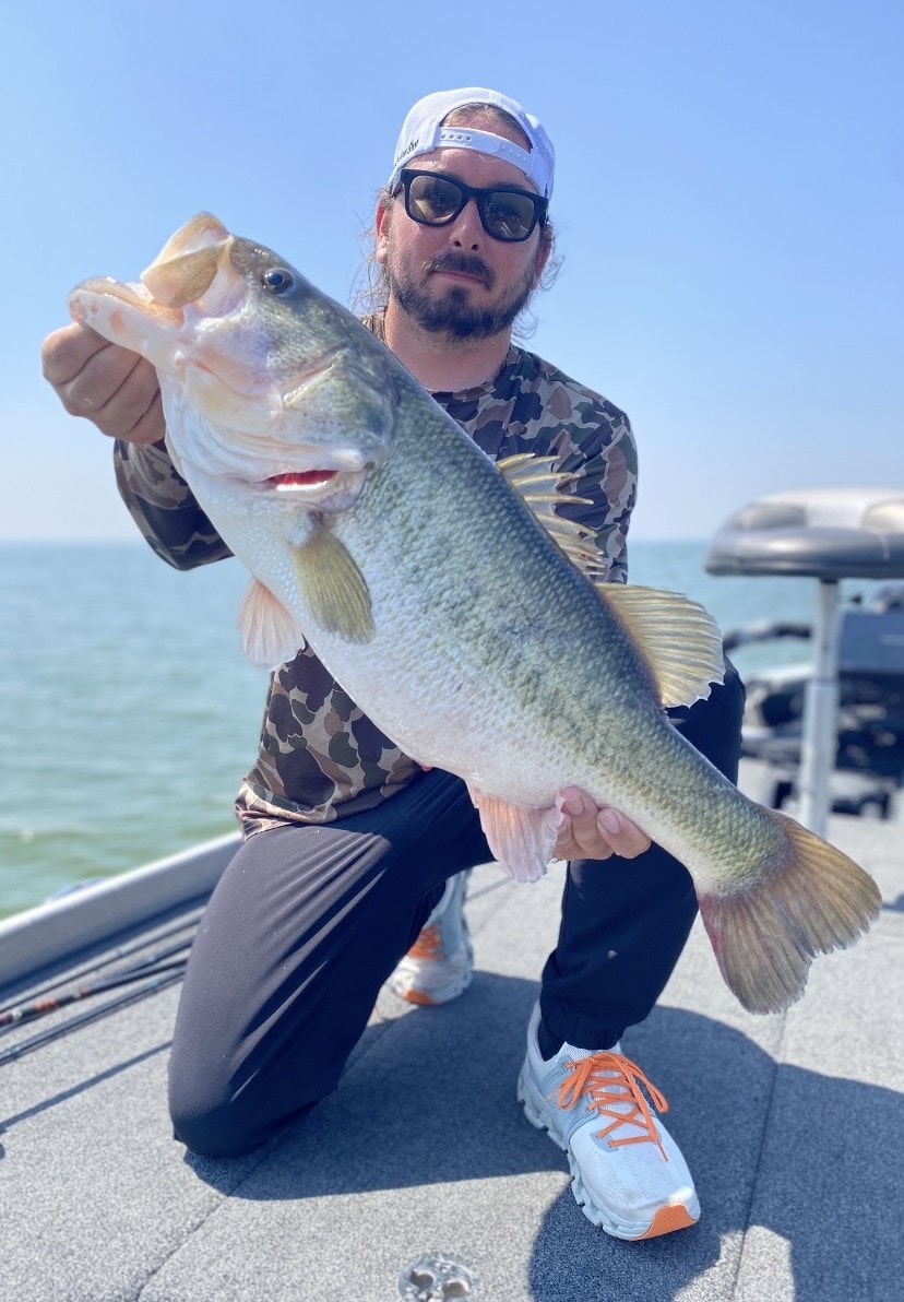 Man in camo shirt kneeling with massive trophy bass