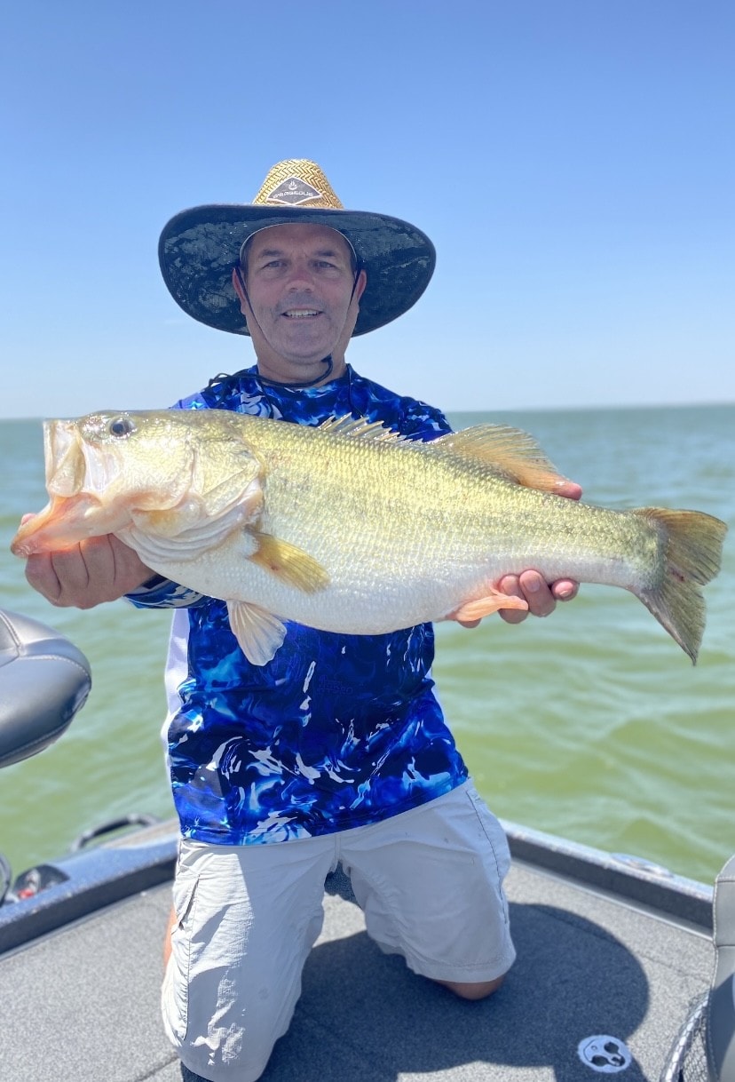 Man in straw hat and blue fishing shirt kneeling with giant bass on sunny day